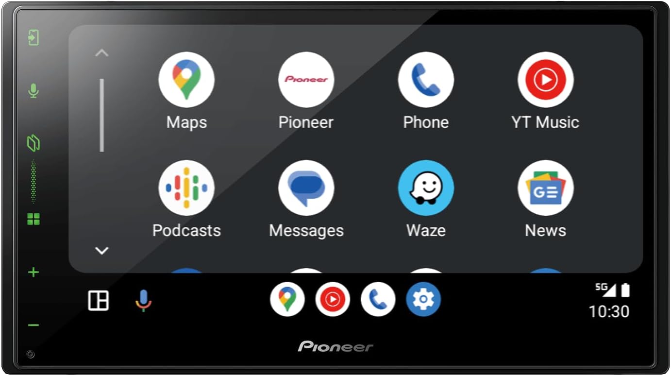 Pioneer DMH-A5650BT screen displaying Android Auto interface with icons for Maps, Pioneer, Phone, YT Music, Podcasts, Messages, Waze, and News.