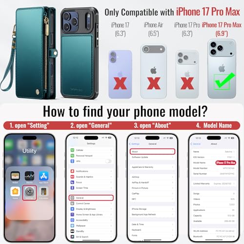 Defencase for iPhone 17 Pro Max Magnetic Wallet Case Compatible with Magsafe with RFID Blocking Zipper Card Holder for Women Men PU Leather Strap Detachable Case for iPhone 17 Pro Max 6.9", Blue Green by Defencase - Used condition - Image 7