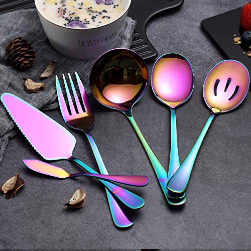 Rainbow Serveerlepels Set 6 Stuks, Serveergerei Set Inclusief Taartschep Sleuf Lepel Serveerlepel Serveervork Pollepel Botermes Spreader Serveerset Vaatwasmachinebestendig - Afbeelding 6