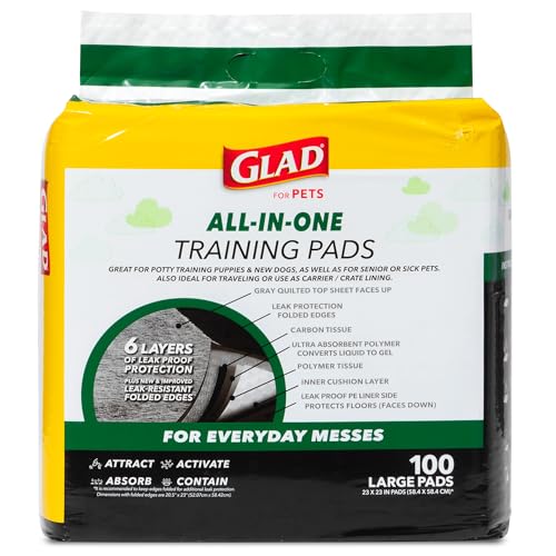 Image of Glad for Pets Black Charcoal Puppy Pads, 6-Layer Leak-Proof Design with Activated Carbon Odor Control and Pheromone Attractant, Disposable Dog Pee Pads for Potty Training, 23 x 23 in, 100 Count - 2 Pk