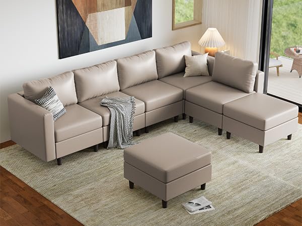Image of ABCASA Faux Leather Sectional, Modular Sectional Sofa with Storage Seats, 7 Seat Faux Leather Modular L Shaped Couches with Movable Ottoman for Living,Whitesand