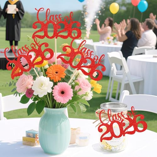 Image of Class of 2026 Decorations - 20 Pcs Red Graduation Centerpieces for Tables, Double-Sided Red Graduation Decorations 2026 with Grad Centerpiece Sticks