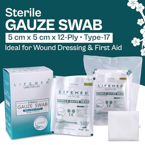 Image of LIFEMED Sterile Gauze Swab 5cm x 5cm 12-Ply Type-17 | Highly Absorbent Cotton Gauze Pads for Wound Dressing, First Aid, and Medical Use (Box of 10 Pouches - 40 Swabs)