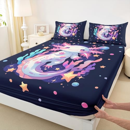 Image of jejeloiu Cute Axolotl Bed Sheets Set Queen Size Cartoon Pink Axolotl Bed Set for Kids Boys Girls Romantic Deep Pocket Fitted Sheet Breathable Soft Lightweight Microfiber