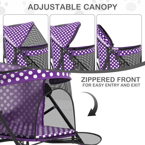 Image of MoNiBloom 4 Wheels Pet Stroller, Easy-Fold Umbrella Shaped Dog Cat Jogger Stroller w /Storage Bag & Visible Mesh for Small /Medium Dogs Cats Purple Polka Dots