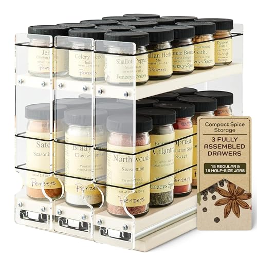 Vertical Spice Cabinet Mounted Spice Rack Organizer - 3 Drawers,15 Reg. & 30 Half Sized Spice Jars - Pantry Organizers & Storage - Pullout Shelf for Kitchen Cupboard (6.9''W x 9.25''H x 10.6'D, Cream)