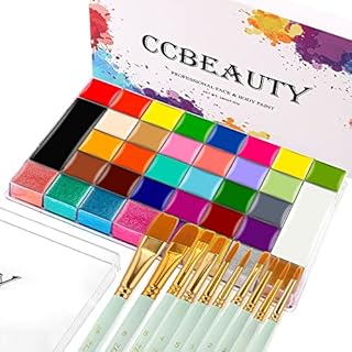 CCbeauty 36 Colors Face Body Paint Oil Professional Flash Non-Toxic Hypoallergenic Halloween Artist Fancy Cosplay Party SFX Face Painting Palette with 10 Green Brushes Kit for Adults Girls