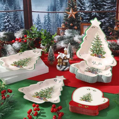 Maxdot 100 Pcs Christmas Plates and Napkins Disposable Christmas Tree Paper Plates Glove Napkins Xmas Dessert Dinner Platter Dinnerware Set for Xmas Winter Holiday Party Decorations Supplies Serves 50 – Image 2