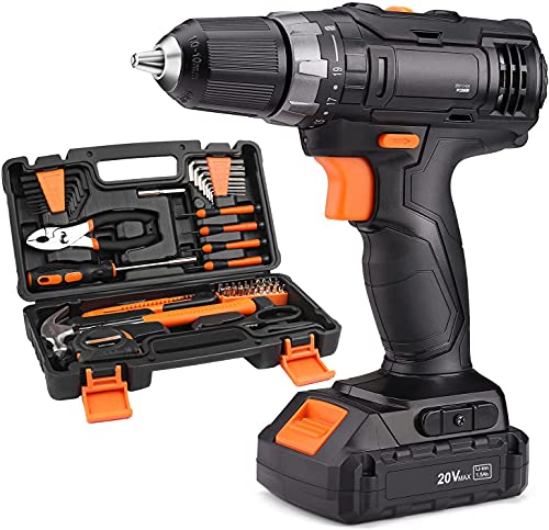 20V Tool Kit with Drill,Cordless drill with 60PCS Accessories,19+1 Torque Setting,2 Variable Speed,Home tool kit & Tool box with drill and Storage Case - PHK06B