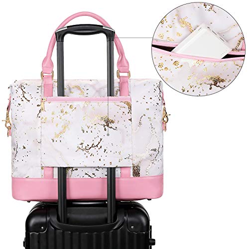 Women Ladies Weekender Carry-on Tote Bag Overnight Duffel in Trolley Handle (B-Pink Marble)