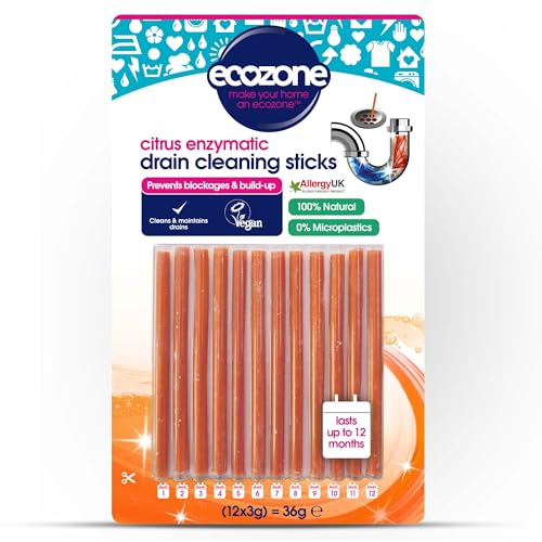 EcoZone Drain Cleaning Sticks Enzymatic Pipe Unblocker Prevents Plug Hole Obstructions & Keeps Water Flowing Freely Natural Vegan & Non Toxic Kitchen & Bathroom Treatment Kit (x 12 1 Year Supply)