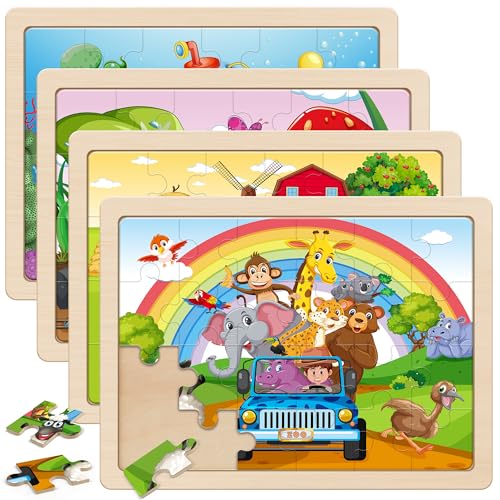 SYNARRY Large Animals Wooden Puzzles for Kids 4 in 1 Gift Box(12.2 * 9.4 in), Jigsaw Puzzles for Toddlers 3-5, Puzzles for Kids Ages 4-6, Easter...