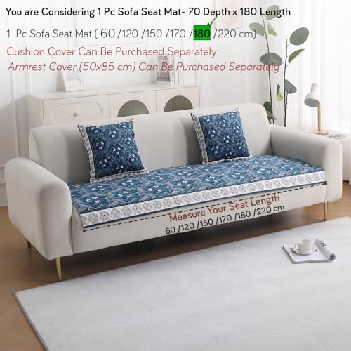 Image of HOKIPO 'LiefNest' Holland Velvet Sofa Cover Mat with Foam Filling for 1 /2 /3 Seater & L-Shape Sofa. Make Your Own Sofa Cover Set, Mat Size: 180(L) cm, Geometric Floral Oriental Blue (IN-825-D4)