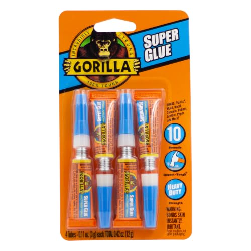 Gorilla Super Glue, Fast‑Setting, Impact‑Tough All‑Purpose Adhesive with Anti-Clog Cap, 4-3 g Tubes, (Pack of 1) - Clear