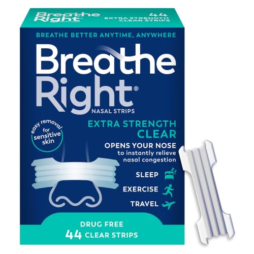 Breathe Right Extra Strength Nasal Strips Review 1 Breathe Right Nasal Strips | Extra Strength | Clear | for Sensitive Skin I Drug-Free Snoring Solution & Nasal Congestion Relief Caused by Colds & Allergies | 44 Count (Packaging May Vary)