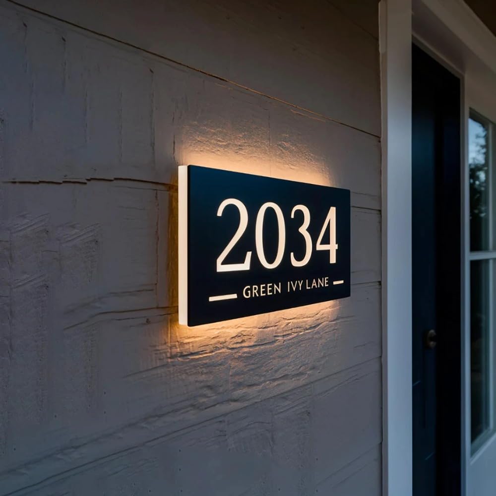 Personalisierte beleuchtete Hausnummern für draußen, individuelle LED-Türnummern für Haustür, Adressschild (kaltweißes Licht, 20 x 10 cm)