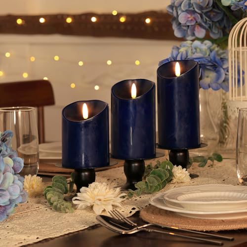 Image of Navy Blue Flameless Candles with Remote Timer, Real Wax LED Candles Flickering, 3D Wick Fake Candles Candles Battery Operated for Home Living Room Wedding Party Gifts, Navy Blue Decor, Set of 3