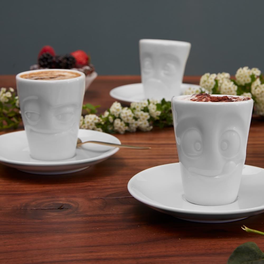 FIFTYEIGHT PRODUCTS TASSEN Porcelain Espresso Mug with Saucer, Tasty Face Edition, 2.7 oz. White (Single Cup & Saucer)