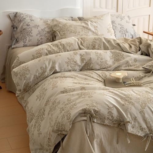 VM VOUGEMARKET Garden Floral Duvet Cover Queen,3 Pcs Yarn-Dyed Jacquard Textured Duvet Cover with Bowknot Retro Monet Style Bedding Set-90"x90",Khaki
