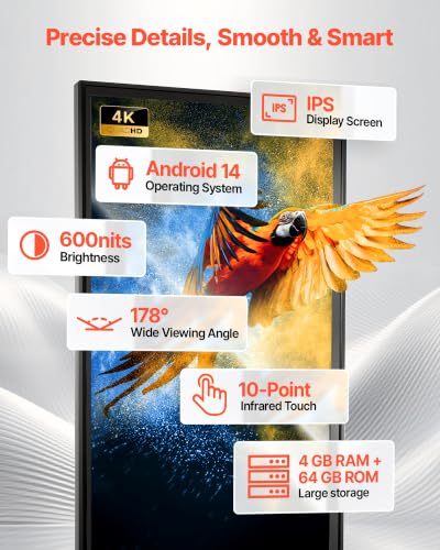 Image of VEVOR 55 in Indoor Digital Signage 4K Floor Stand Advertising Display Kiosk, WiFi HDMI /USB Input Android OS, 178 Wide View, LCD Touchscreen Interactive Monitor, Mobile Commercial Totem Poster