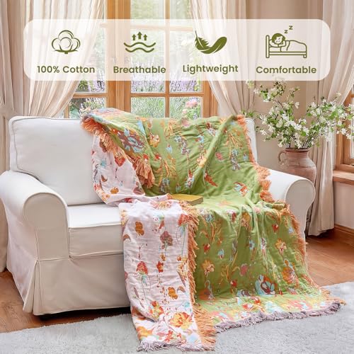 Image of MSGKV Boho Throw Blanket 90 inchx90 inch Fall Cotton Butterfly Floral Blanket