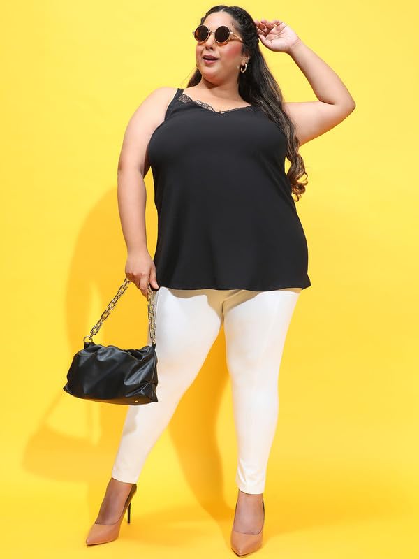 Image of oxolloxo Women Plus Size Soild V-Neck with Lace Detailed Sleeveless Strappy Top