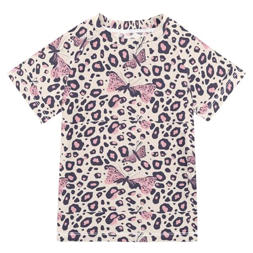 Leopard Butterfly Pink Girls Bathing Suit Short Sleeves Basketball Shirt Swimwear Beach Tops 3T