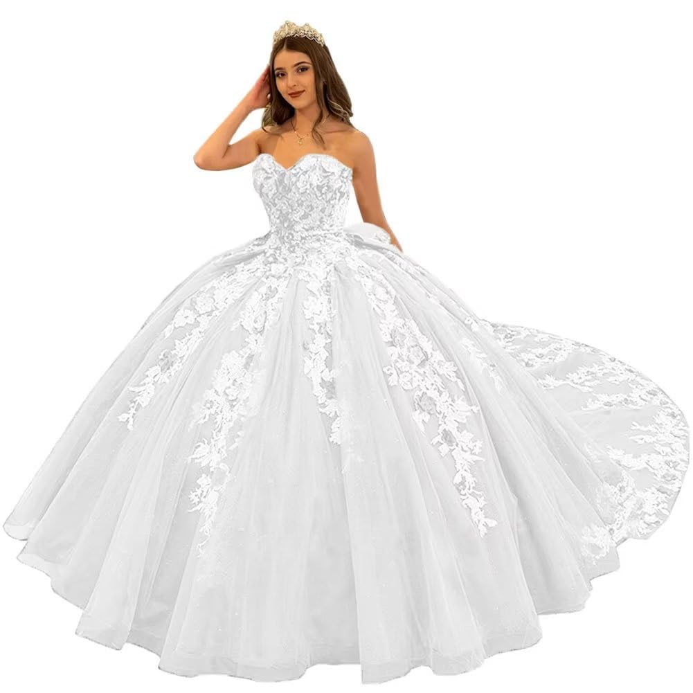 Mouccy Strapless 3D Floral Ball Gown with Train