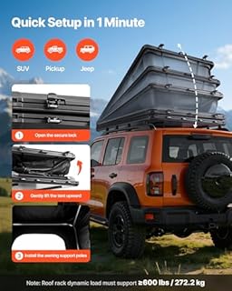 VEVOR Tenda Rigida da Tetto per Auto per Campeggio Viaggio Capienza ca. 2-3 Persone, Tenda Sopra Auto Telaio in Alluminio con Illuminazione LED Tricolore con Finestra, Impermeabile per Jeep SUP