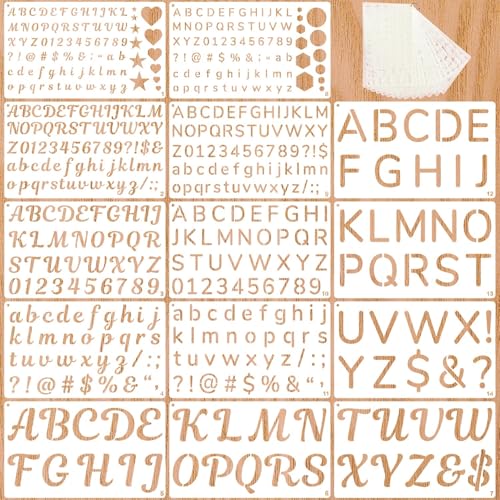 1/2, 3/4, 1, 2 Inch Letter Stencils for Painting, 14 Pack Plastic Small Number and Alphabet Stencil for Crafts Art Projects