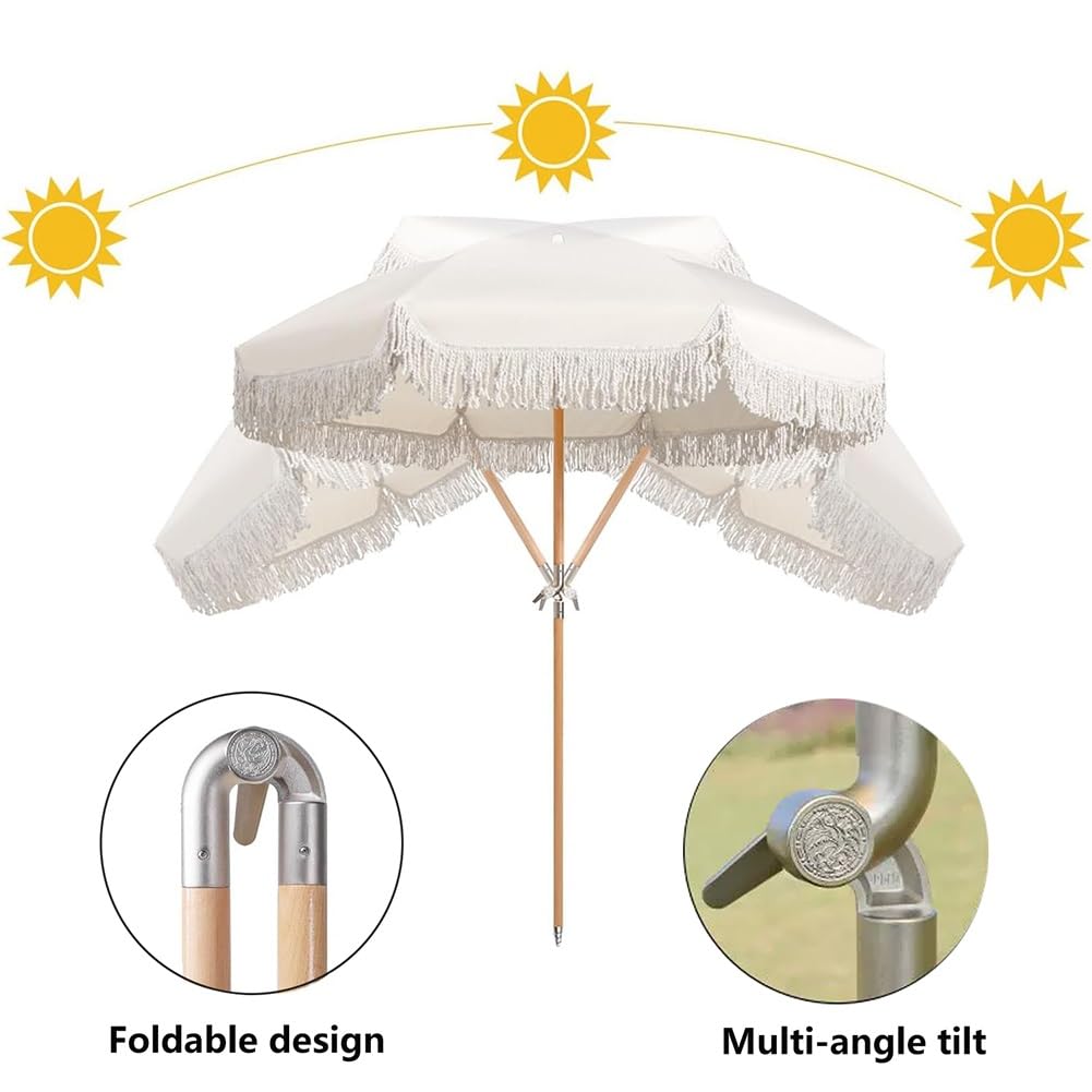 200 cm Parasol Plażowy Boho z Pochylanym Drewnianym Drążkiem, UPF 50+ Składany Parasol Przeciwsłoneczny z Frędzlami i Torbą Transportową