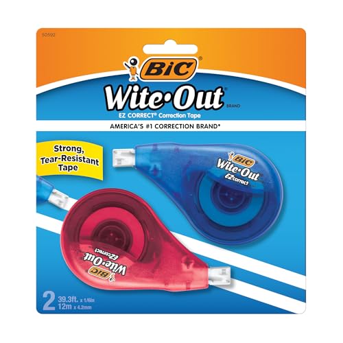 BIC Wite-Out EZ Correct Correction Tape, White, No Dry Time, Tear Resistant Tape, 2-Count
