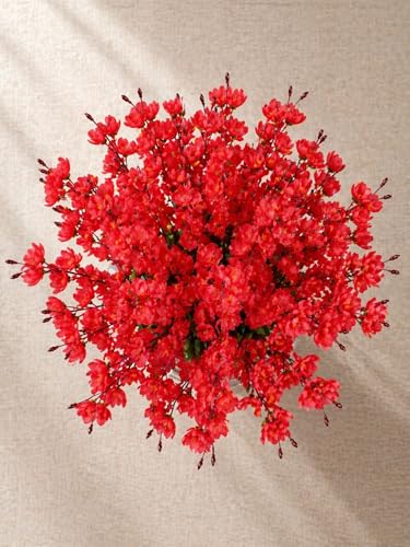 Image of ARTSY Artificial Flowers Bunch for Decoration Cherry Blossom, Ideal for vase, Home, Office Decor, Gifts, Craft, Artificial Plants for Decoration, Without vase, Red, Combo, 2 Piece, 55 cm Height |