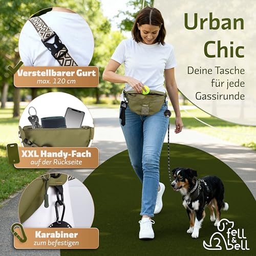 fell&bell Leckerlitasche für Hunde – wasserfester Leckerlibeutel mit 2 Snackfächern, 1,8 L Hauptfach, Handyfach & Kotbeutelspender | Futterbeutel Hundetraining & Hundetasche für Welpen Zubehör