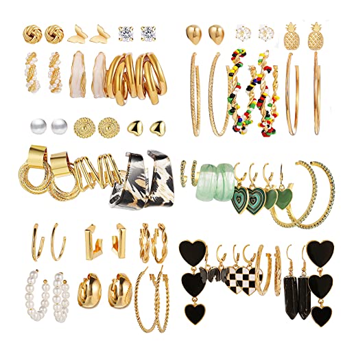 34 Pairs Gold Hoop Earrings Set for Women, Fashion Drop Dangle Earring Packs Black Hearts Earrings Multipack Hypoallergenic Earrings for Valentine's Day Gifts