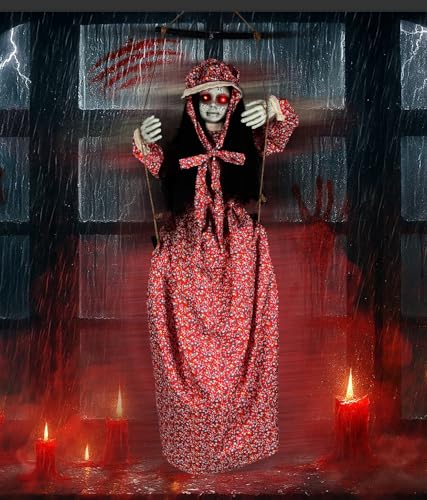 Scary Halloween Decorations Hanging Swinging Doll Girl for Indoor & Outdoor Props, Sound, Touch & Clap Activated with Creepy Sounds & Light-Up Eyes for Halloween Haunted House or Yard Lawn Prop