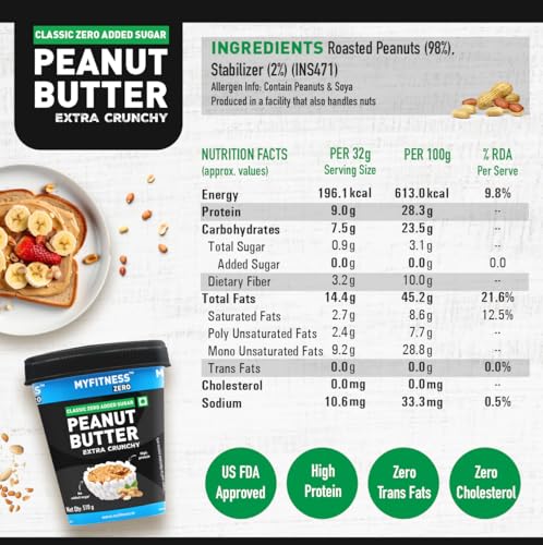 Image of MYFITNESS Zero Peanut Butter Classic Zero Sugar Extra Crunchy 510g | 28g Protein & 10g Fiber | Tasty & Healthy Nut Butter Spread | Cholesterol Free| Zero Trans Fat | Crunchy Peanut Butter (Pack of 2)