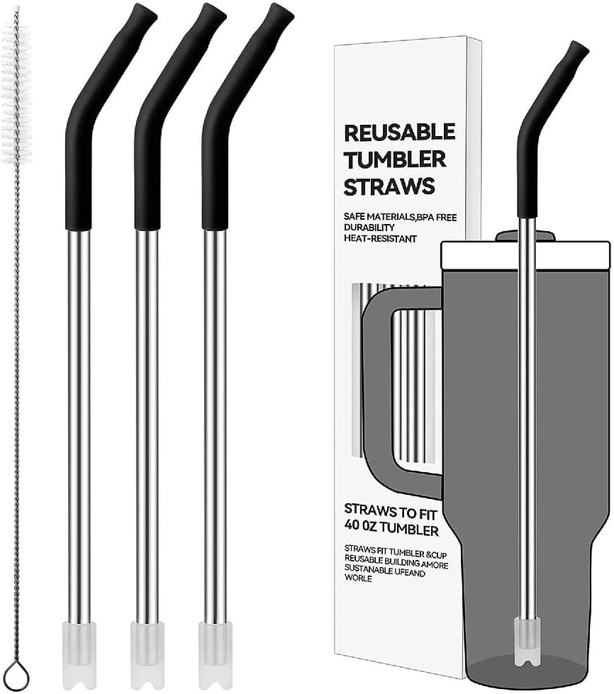 Straight Metal Straws for 40 Oz Stanley Tumbler, 3 Pack Reusable Stainless Steel Drinking Straw with Silicone Tips and Straw Cleaner Brush, Fit for Coffee, BPA Free(Black)