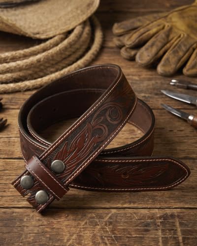 Image of CHAOREN Western Belts for Men without Buckle, 1.5 inch Full Grain Leather Strap | Cowboy Country Mexican Style, Tooled & Smooth, Secure Snap Design, Interchangeable Buckle, Gift Box