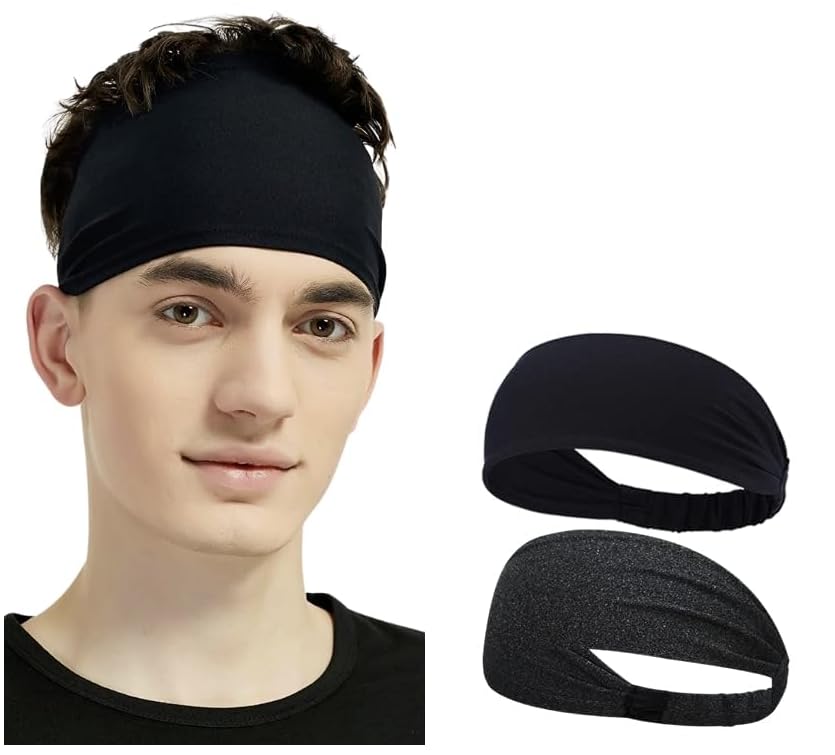 PAROPKAR Non Slip Elastic Headband Sweat Band Hairband Headwrap Headwear Athletic Thick Non Slip Yoga Use for Running Cycling Basketball Running Gym Yoga Workout for Men Women (Black Dark Grey)-image-5