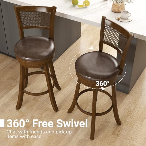 COSTWAY Butaco giratorio de altura para barra de 30", juego de 2, taburetes de madera de caucho con respaldo de ratán sintético, reposapiés y asiento acolchado en leathaire sin reposabrazos para isla de cocina, pub o comedor, color marrón miniatura 5