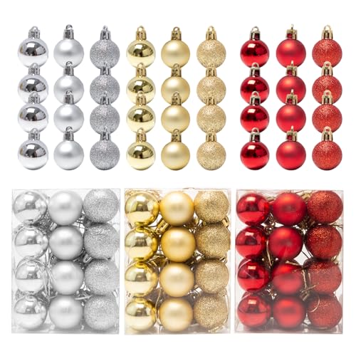 Keboyoe 72 peças bolas de Natal ornamentos natalícios vermelhos prata e dourados bolas árvore de Natal ornamentos árvore Natal plástico com cordão para decoração Natal festa aniversário