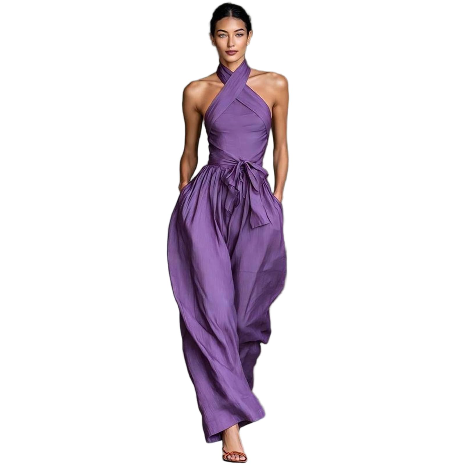 Generisch Jumpsuit Damen Elegant Sommer Neckholder Overall Hochzeit Festlich Tailliert Onesie Hosenanzug Hochzeitsgast Lang Weites Bein Jumpsuits Rückenfrei Trägerlos Business Romper mit Tasche