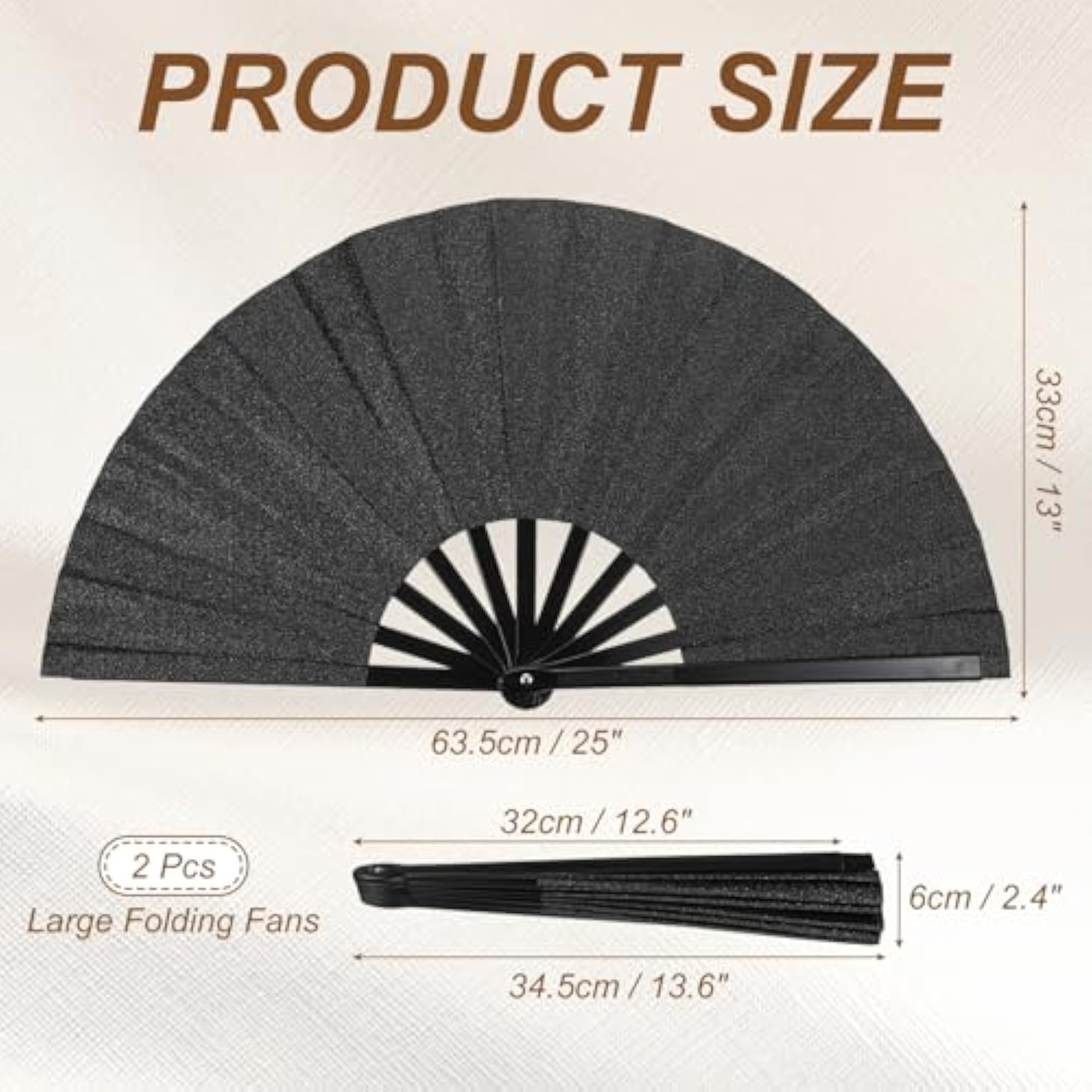 Large Folding Fans for Line Dancing, Black Glitter Design