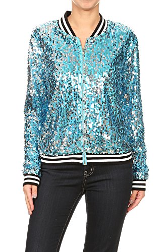 Anna-Kaci Womens Sequin Long Sleeve Front Zip Jacket with Ribbed Cuffs, Blue, Medium