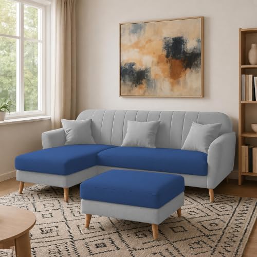 Image of Atticus LHS 4 Seater L Shape Sofa Set with Ottoman for Living Room (Blue Grey Fabric) Premium Fabric Sofa Set