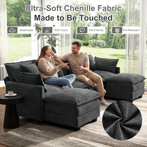 Image of 107 inch Cloud Couch Sectional Modular Sofa, Deep Seat Couches with Ottoman and Removable Washable Pillows for Living Room, Bedroom, Apartment, Black