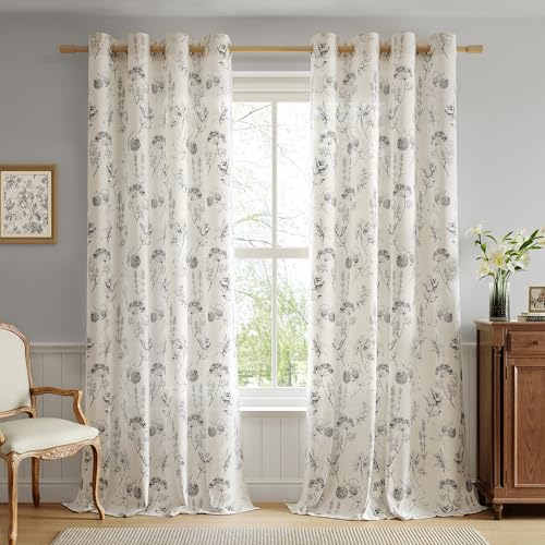 Image of FMFUNCTEX Linen Curtains Floral Patterned Curtain for Bedroom Living Room, Black Curtains 84 Inches Long Farmhouse, Light Filtering Beige Window Curtain Grommet Top 2 Panels Set