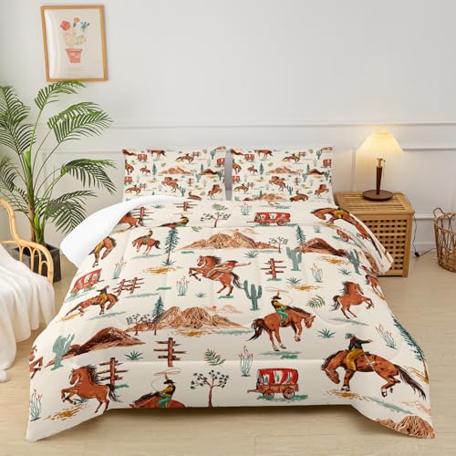 lneffble Brown Western Cowboy Comforter Set Full Size for Boys, Vintage Shabby Chic Bedding, Cozy Boho Country Style Bedding for Teen Boys, Rustic Western Themed Bedroom Decor