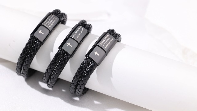 Pulsera de cuero tejido con cruz y cuentas de piedra lava para hombre miniatura 7